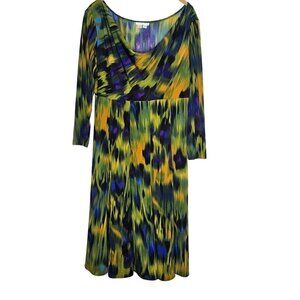 London Times Womens Abstract Multicolor Peacock Cowl Neck‎ Dress 3/4 Sleeve 6